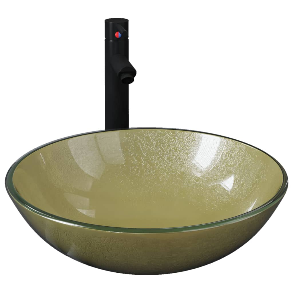 Lavandino Rubinetto e Piletta a Pressione-Lavabo-Lavello Vetro Temperato Oro 915877