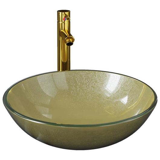 Lavandino Rubinetto e Piletta a Pressione-Lavabo-Lavello Vetro Temperato Oro 445695