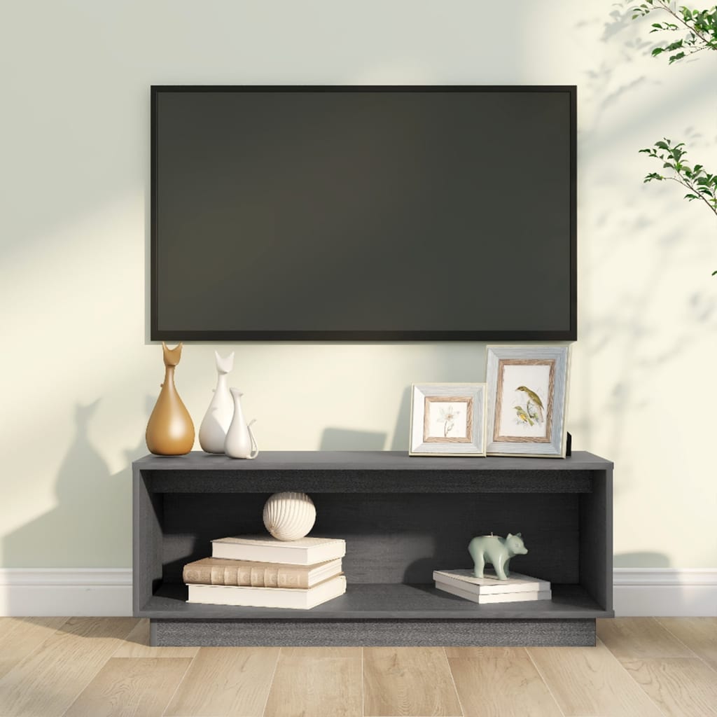 Mobile Porta TV Grigio 90x35x35 cm in Legno Massello di Pino 813831