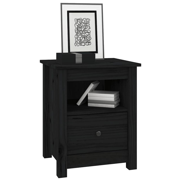 Comodino Nero 40x35x49 cm in Legno Massello di Pino 813717