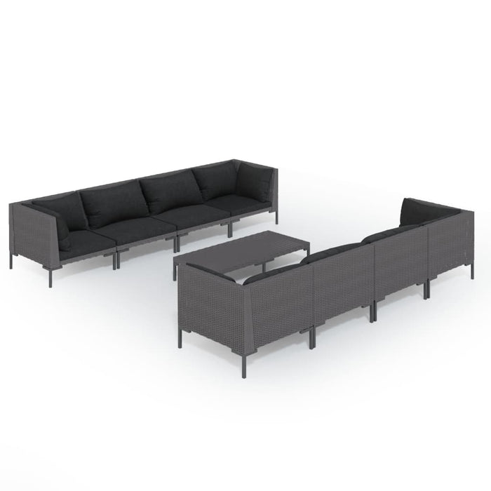 Set Divani da Giardino 9 pz con Cuscini Polyrattan Grigio Scuro 3099802