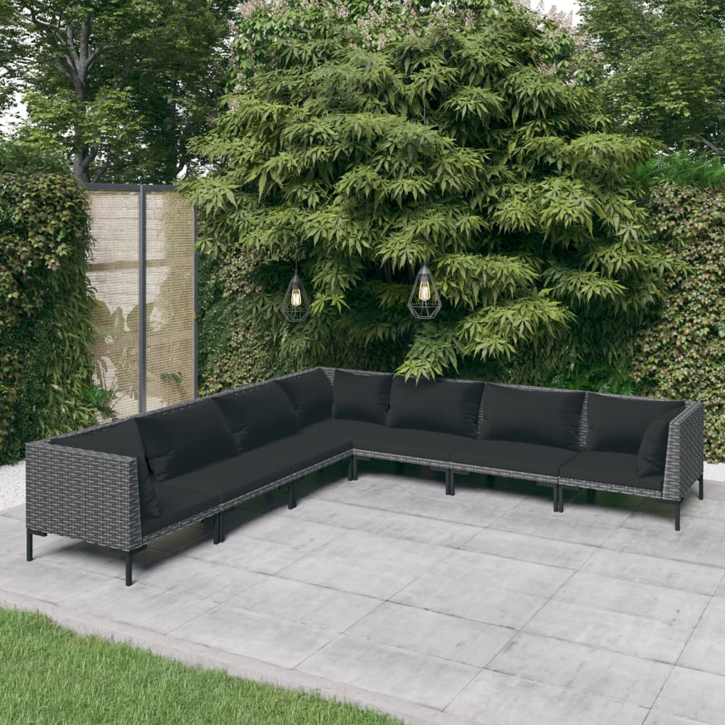 Set Divani da Giardino 7 pz con Cuscini Polyrattan Grigio Scuro 3099846