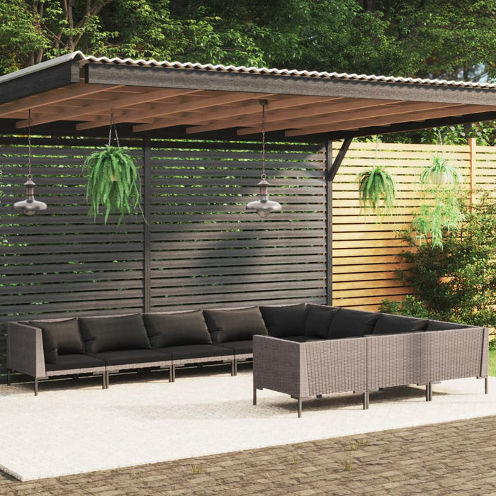 Divani da Giardino 10 pz con Cuscini in Polyrattan Grigio Scuro 3099912