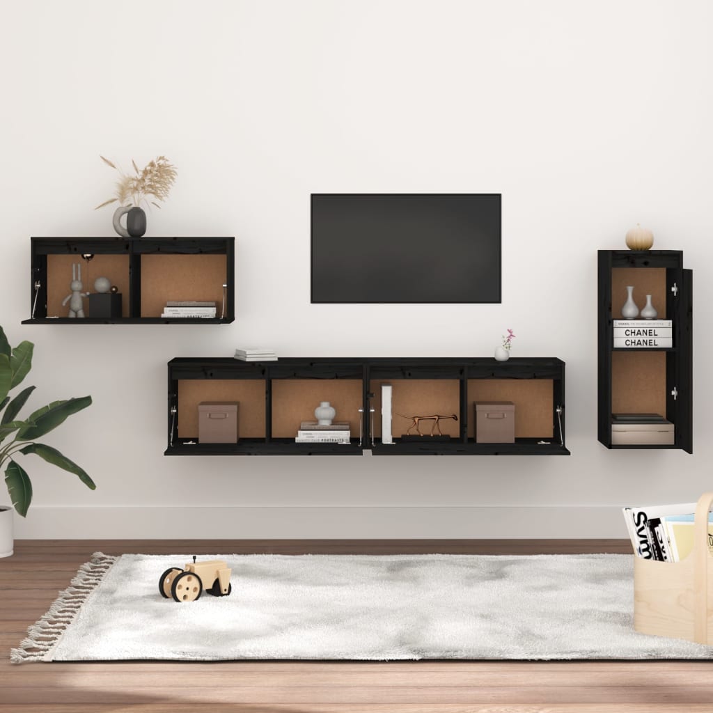 Mobili Porta TV 4 pz Neri in Legno Massello di Pino 3100223