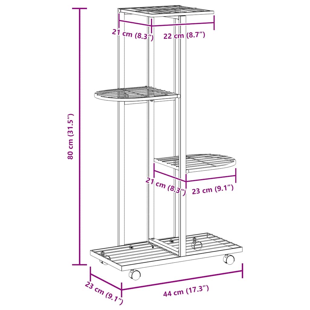 Fioriera a 4 Piani con Ruote-Vaso-Contenitore per Piante 44x23x80 cm Ferro Nero