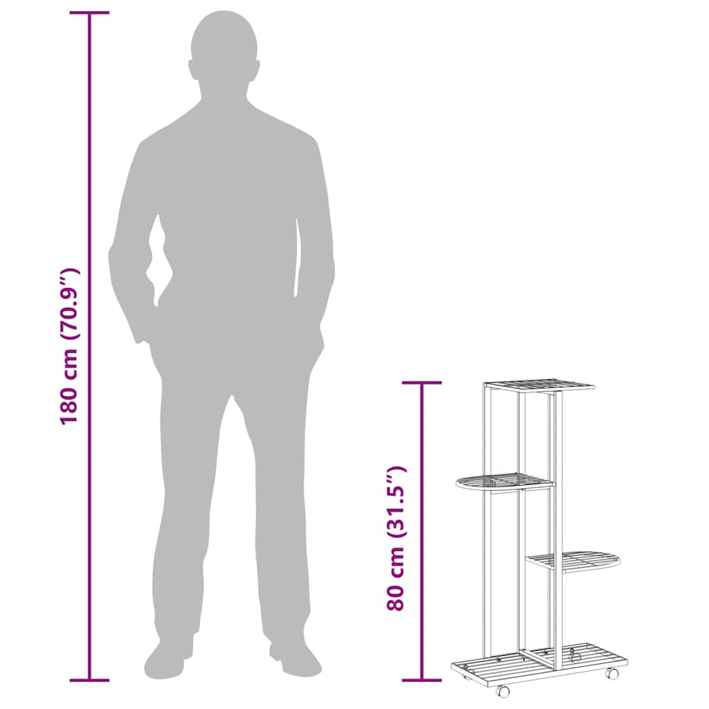 Fioriera a 4 Piani con Ruote 44x23x80 cm Ferro Nero 343115
