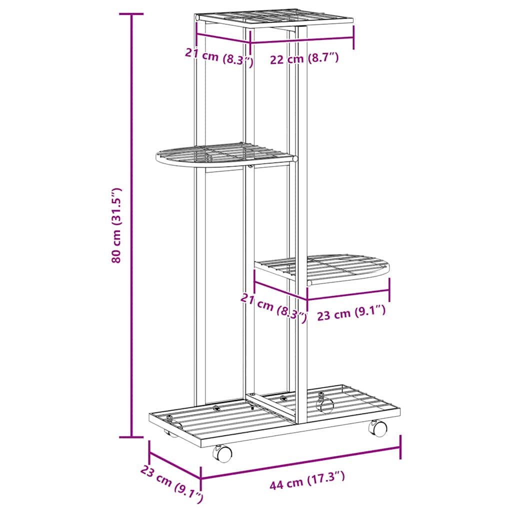 Fioriera a 4 Piani con Ruote-Vaso-Contenitore per Piante 44x23x80 cm Ferro Bianco