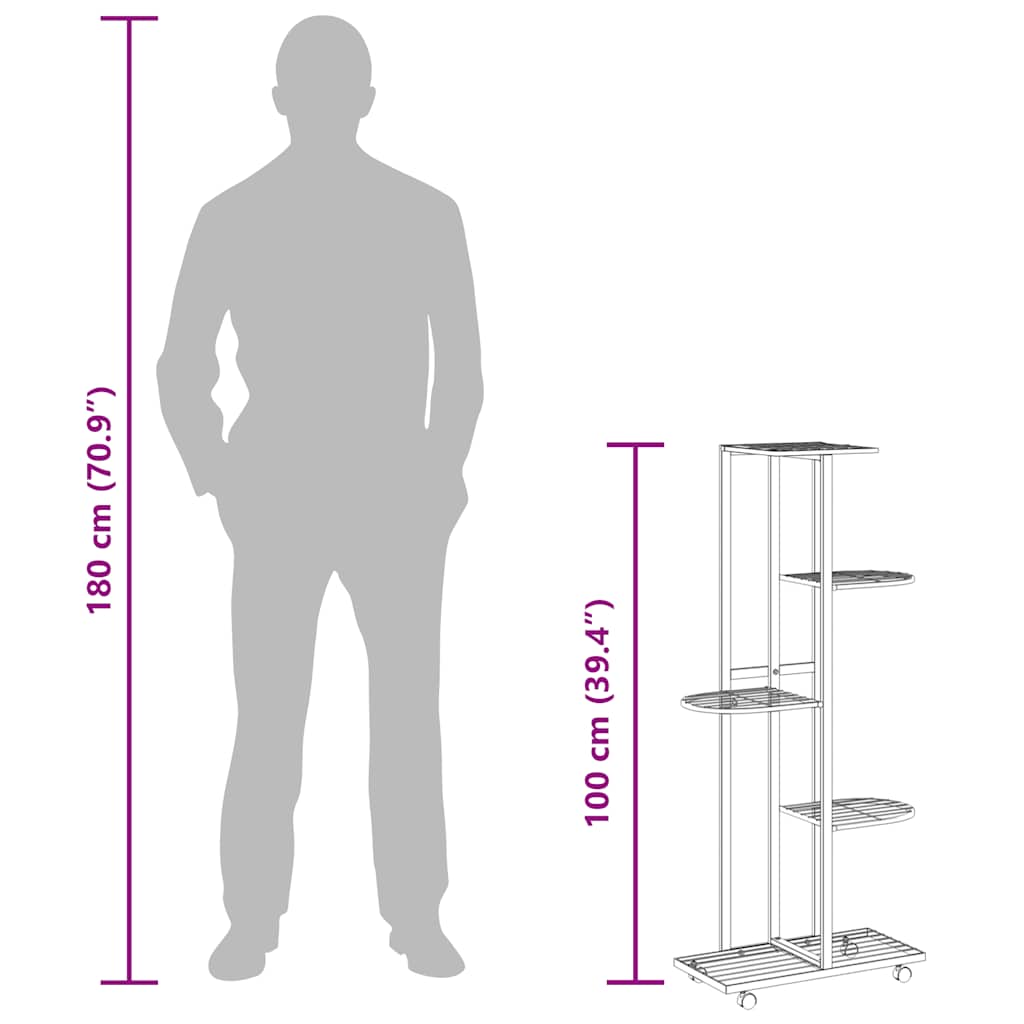 Fioriera a 5 Piani con Ruote 44x23x100 cm Ferro Nero 343117