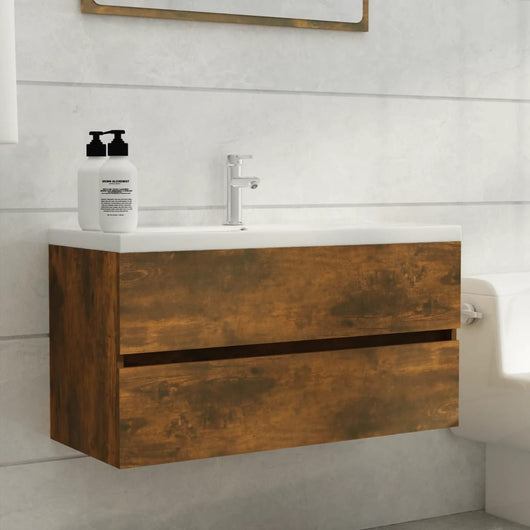 Mobile Sottolavabo-Armadietto da bagno Rovere Fumo 90x38,5x45 cm Legno Multistrato