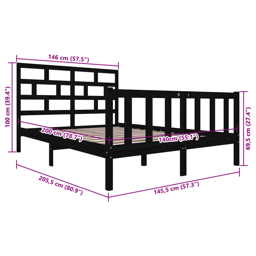 Giroletto Nero in Legno Massello di Pino 140x200 cm 3101352