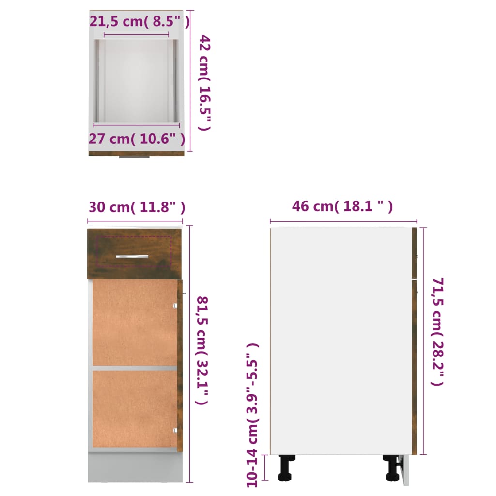 Mobile con Cassetto Rovere Fumo 30x46x81,5 cm Legno Multistrato 815567