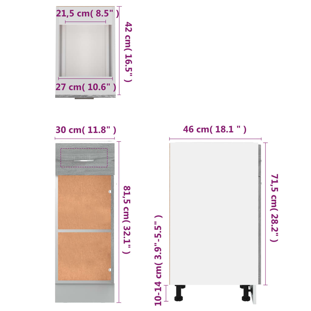 Mobile con Cassetto Grigio Sonoma 30x46x81,5 Legno Multistrato 815568