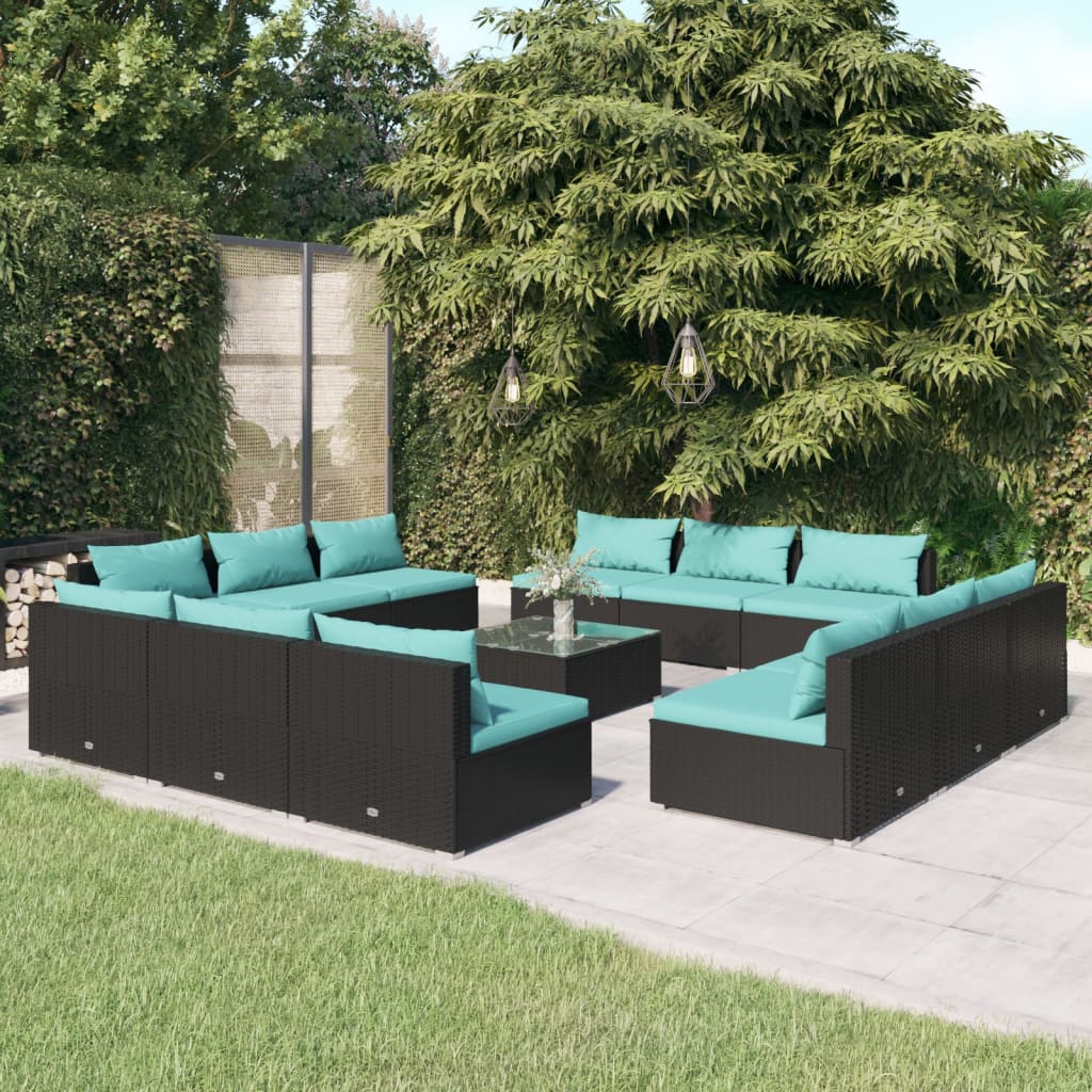 Set Divani da Giardino 13 pz con Cuscini in Polyrattan Nero 3101577