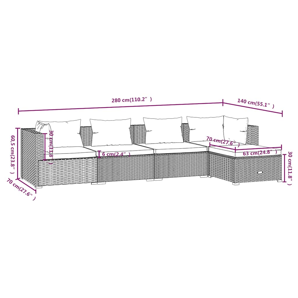 Set Salotto da Giardino 5 pz con Cuscini in Polyrattan Nero cod mxl 35603
