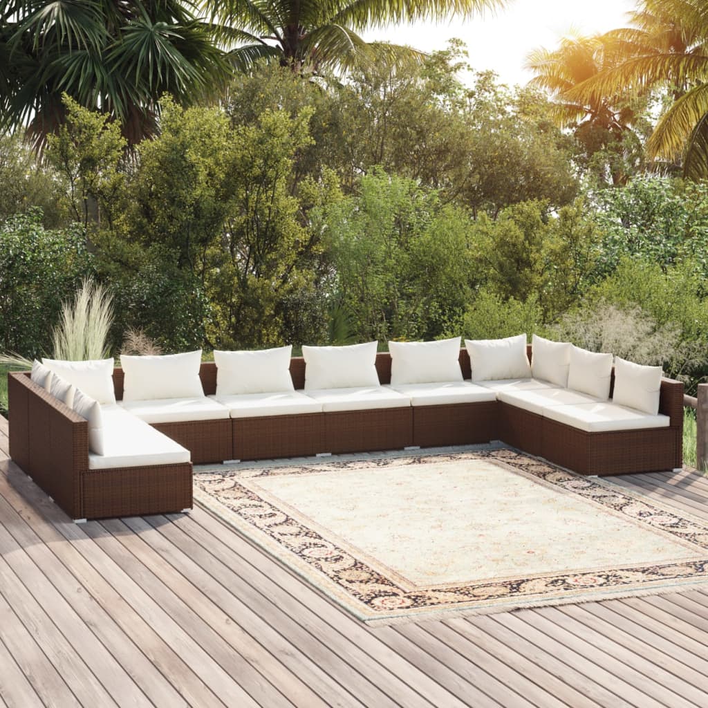 Set Divani da Giardino 10 pz con Cuscini in Polyrattan Marrone cod mxl 42486