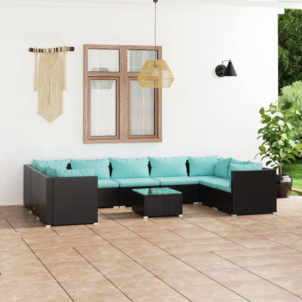 Set Divani da Giardino 10 pz con Cuscini in Polyrattan Nero 3101977