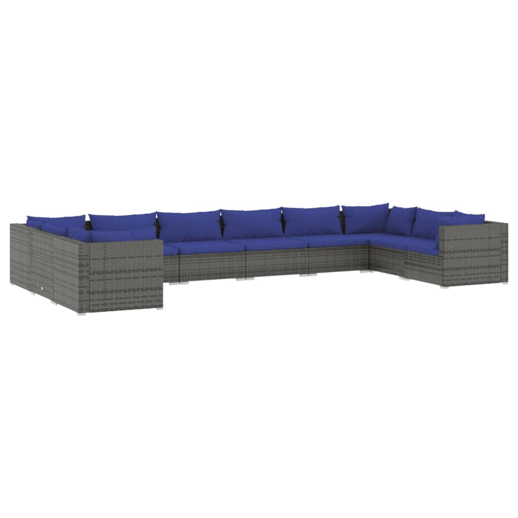 Set Divani da Giardino 10 pz con Cuscini in Polyrattan Grigio 3101990