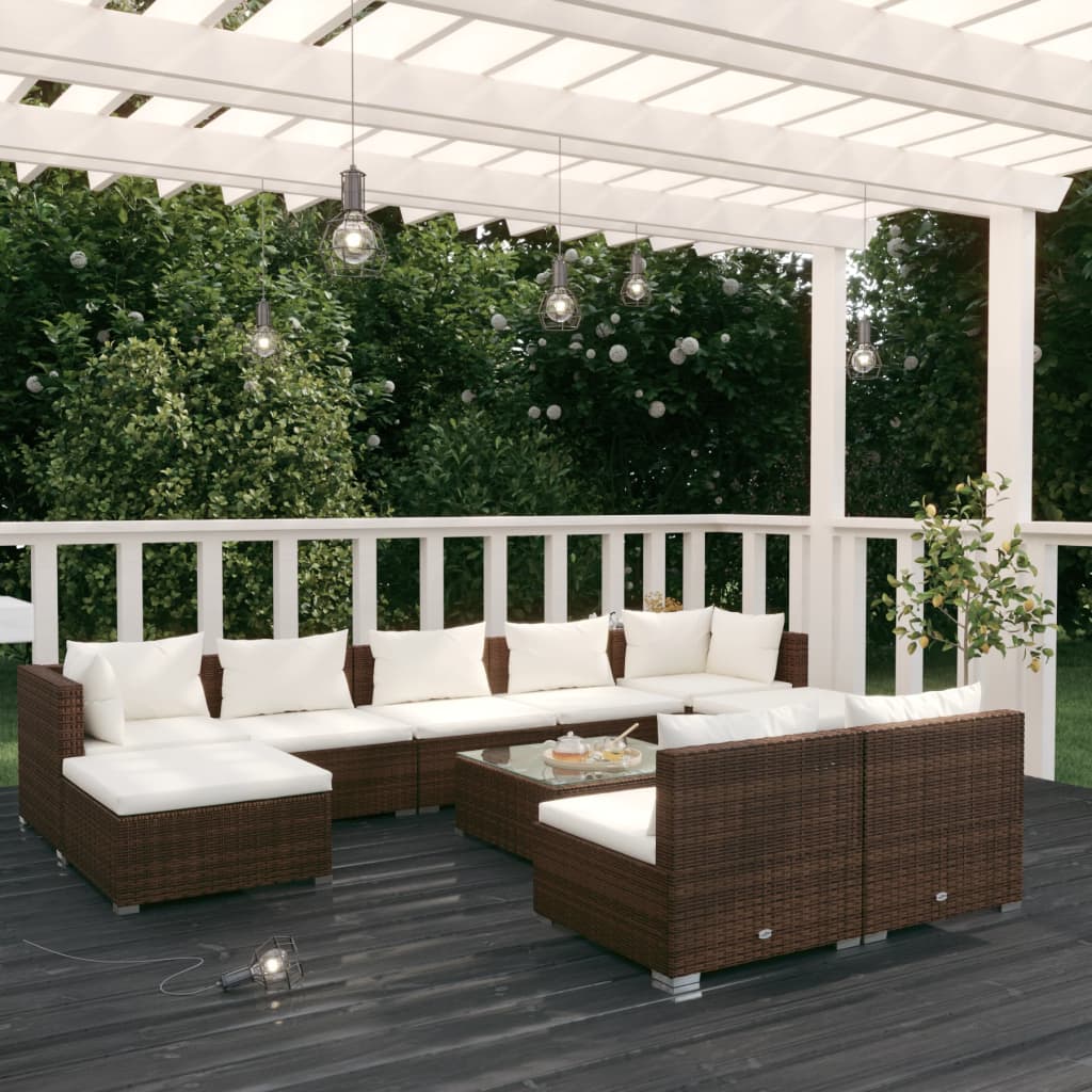 Set Divani da Giardino 10 pz con Cuscini in Polyrattan Marrone cod mxl 35533