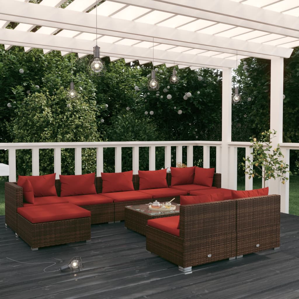 Set Divani da Giardino 10 pz con Cuscini in Polyrattan Marrone 3102011
