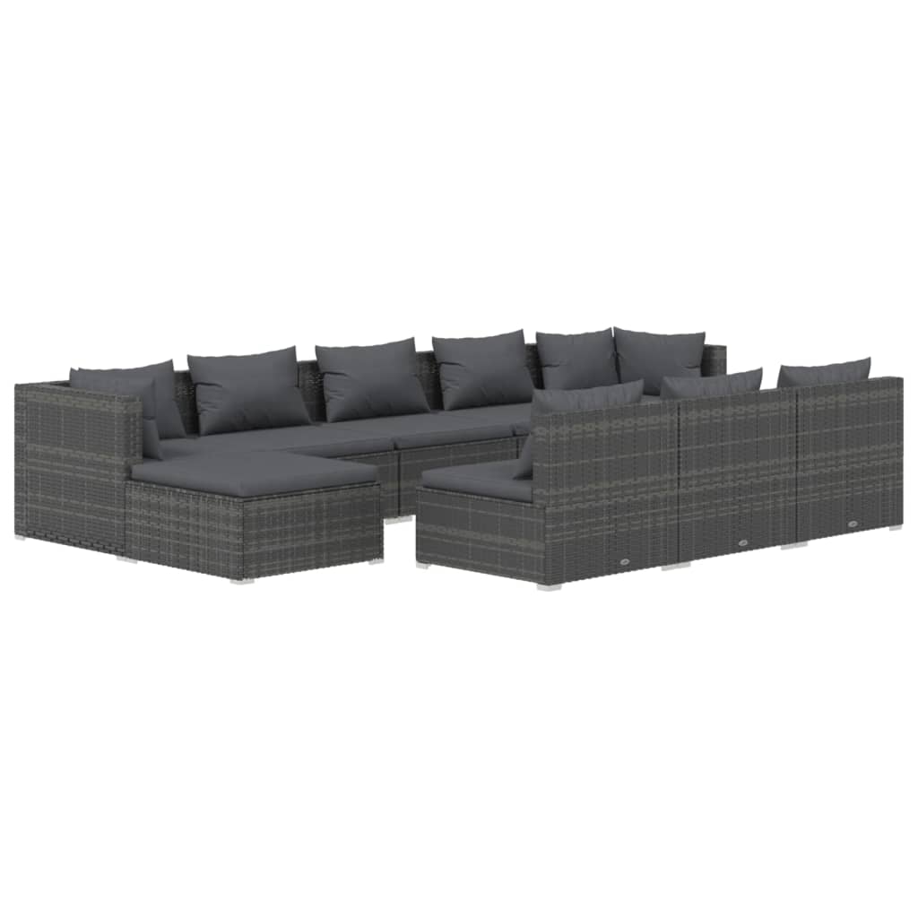 Set Divani da Giardino 10 pz con Cuscini in Polyrattan Grigio 3102021