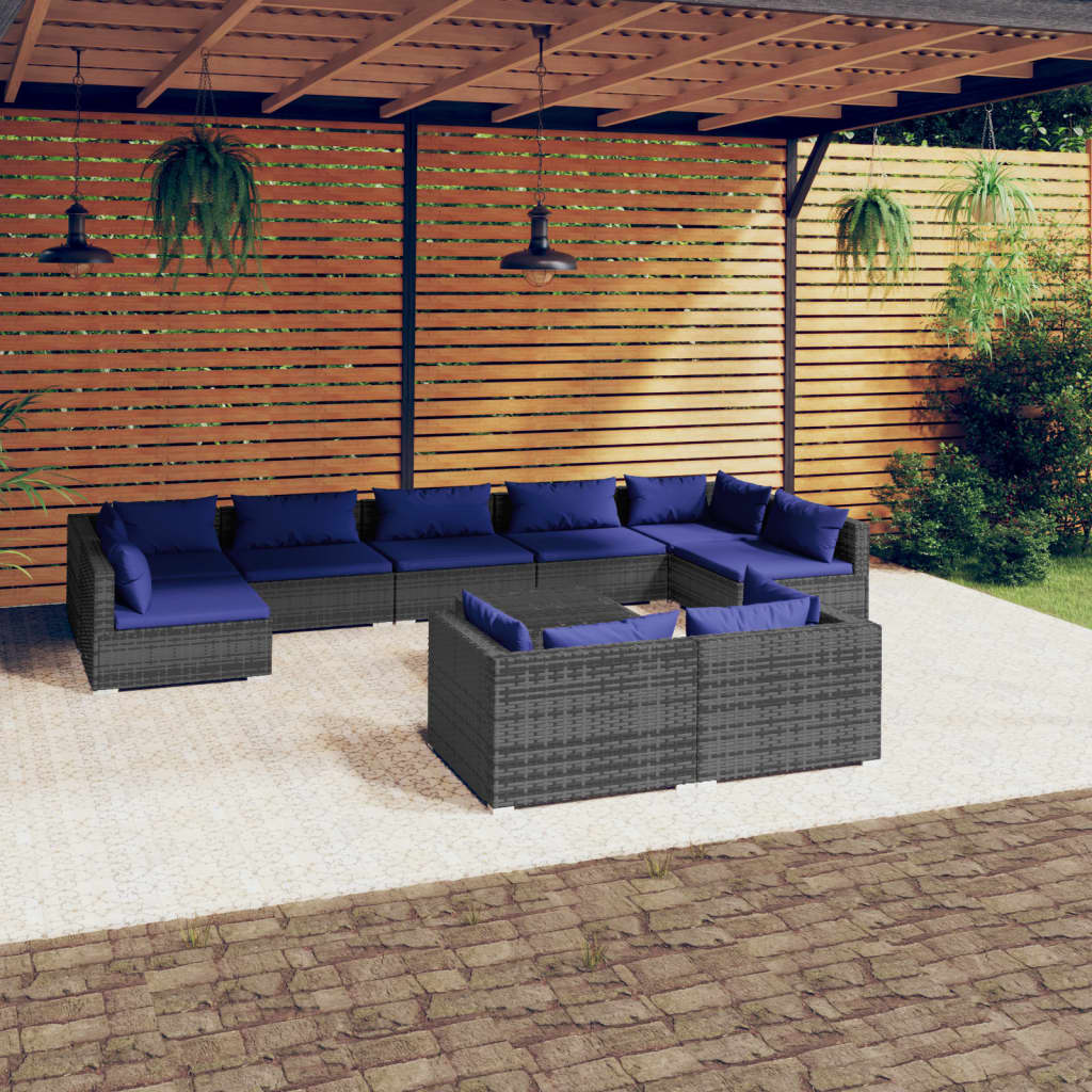 Set Divani da Giardino 10 pz con Cuscini in Polyrattan Grigio 3102070