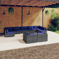 Set Divani da Giardino 10 pz con Cuscini in Polyrattan Grigio 3102070