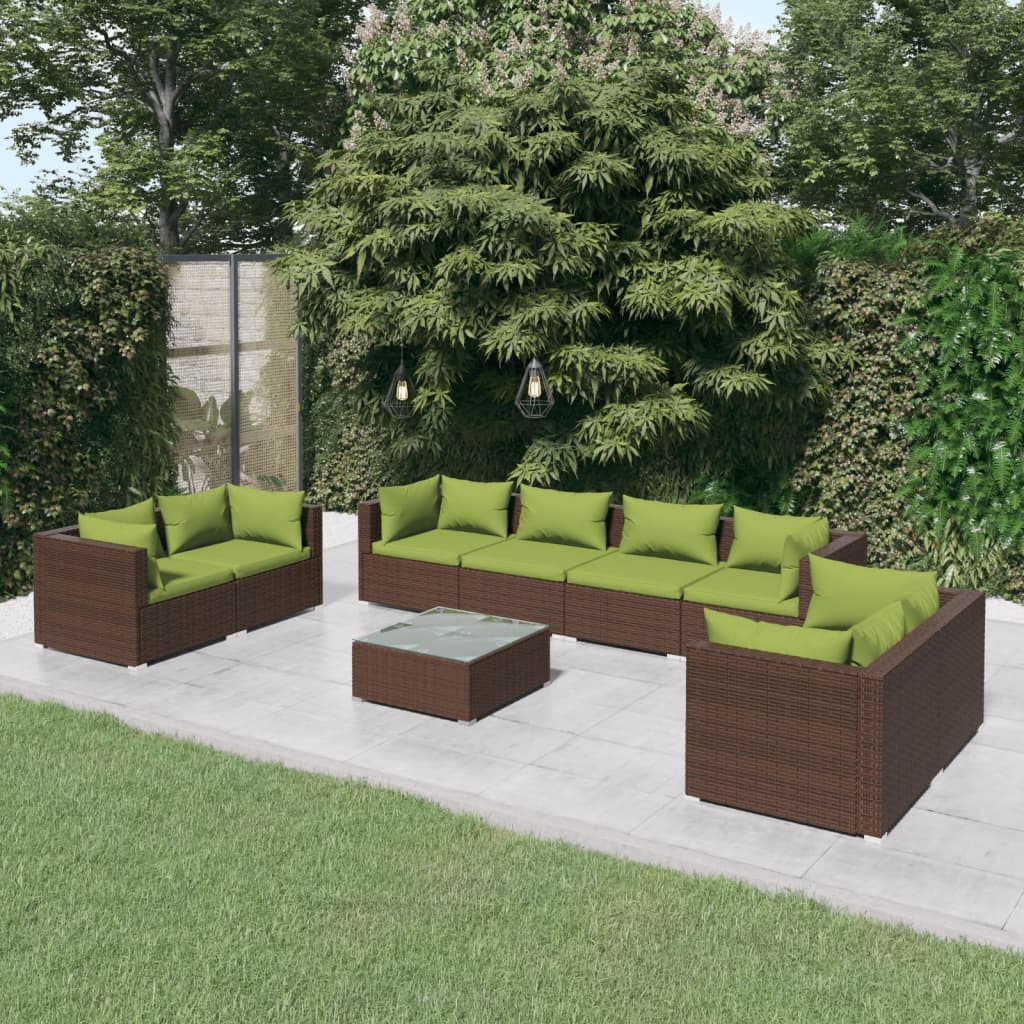 Set Divani da Giardino 9 pz con Cuscini in Polyrattan Marrone 3102292