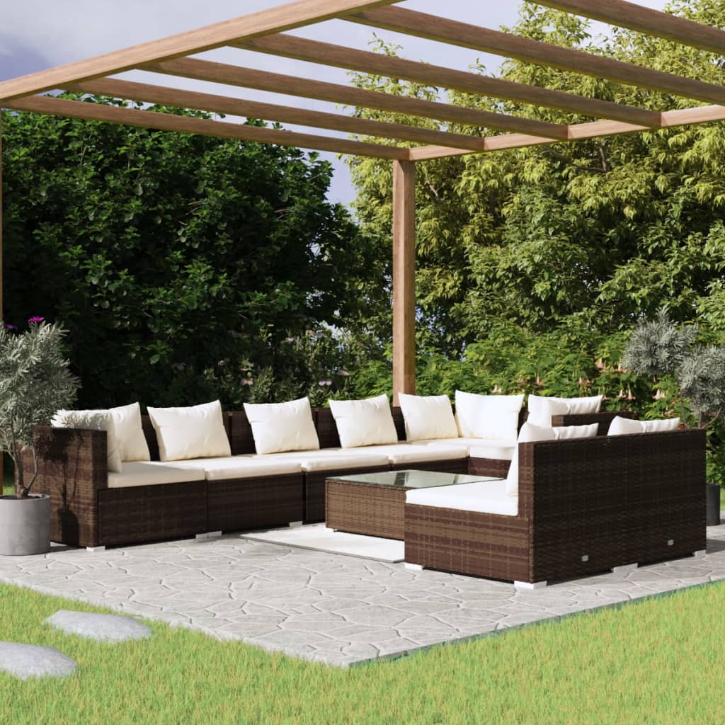 Set Divani da Giardino 9 pz con Cuscini in Polyrattan Marrone 3102410