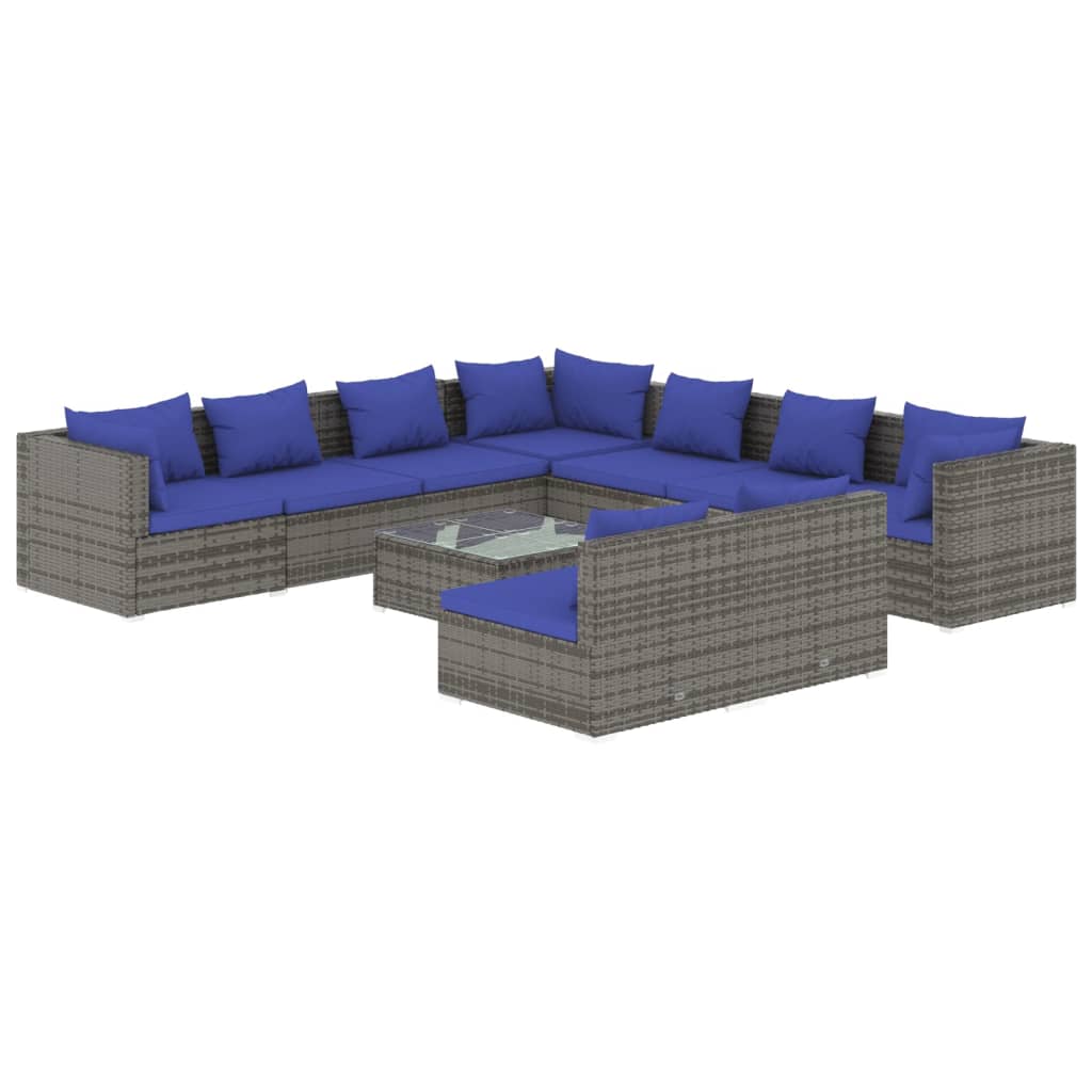 Set Divani da Giardino 10 pz con Cuscini in Polyrattan Grigio 3102430