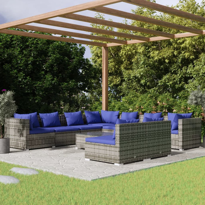 Set Divani da Giardino 10 pz con Cuscini in Polyrattan Grigio 3102430