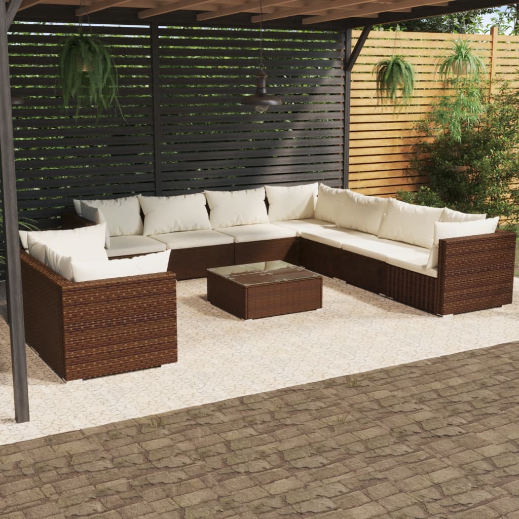 Set Divani da Giardino 10 pz con Cuscini in Polyrattan Marrone cod mxl 49845