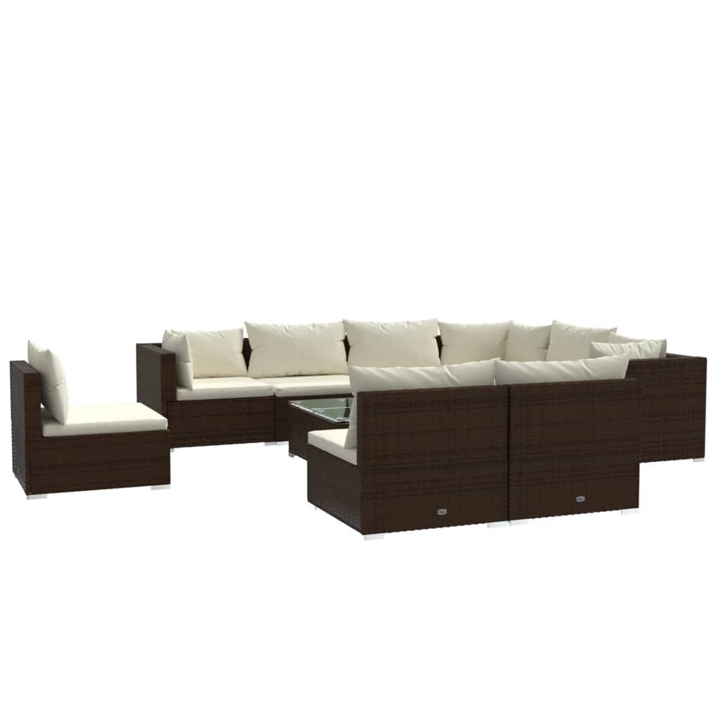 Set Divani da Giardino 10 pz con Cuscini in Polyrattan Marrone 3102586