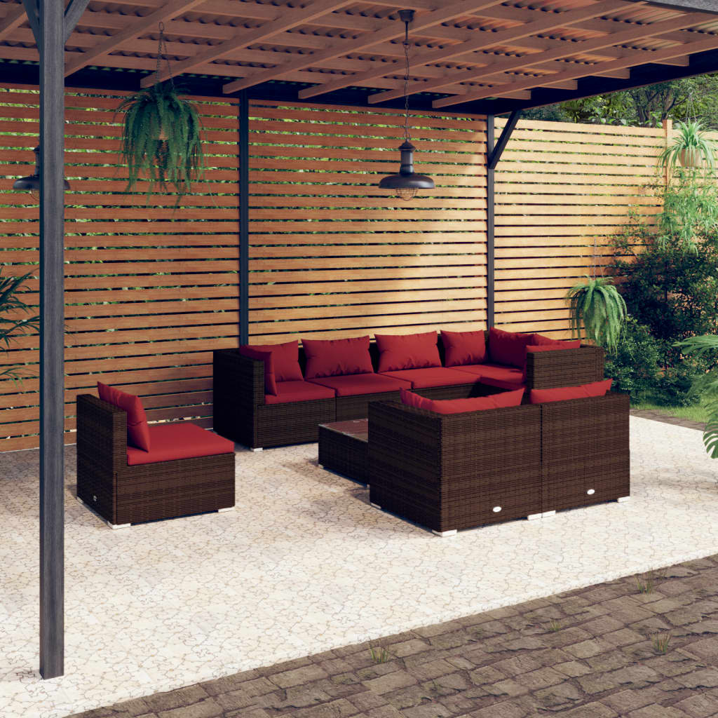 Set Divani da Giardino 9 pz con Cuscini in Polyrattan Marrone 3102619