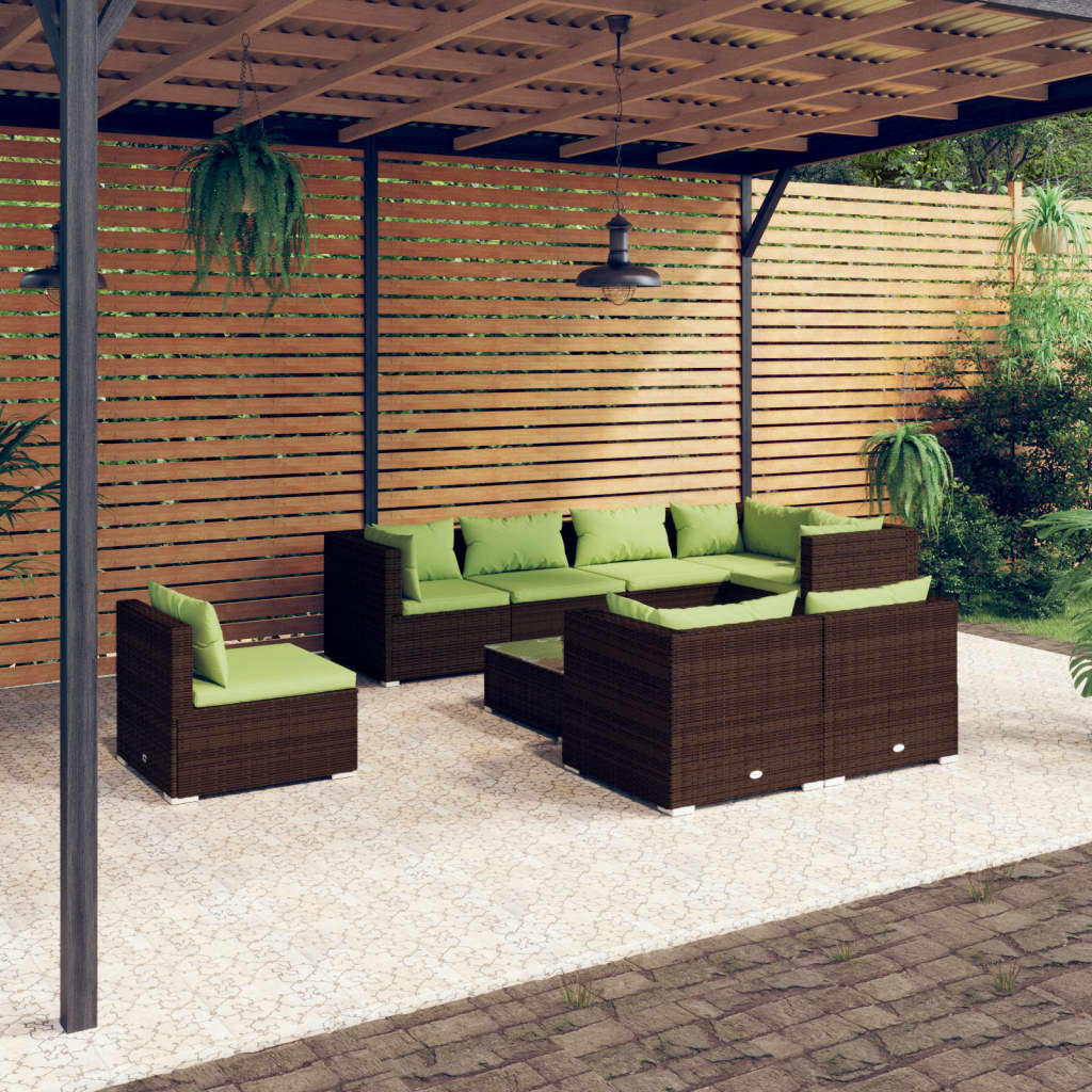 Set Divani da Giardino 9 pz con Cuscini in Polyrattan Marrone 3102620