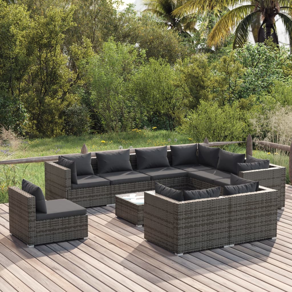 Set Divani da Giardino 10 pz con Cuscini in Polyrattan Grigio 3102653