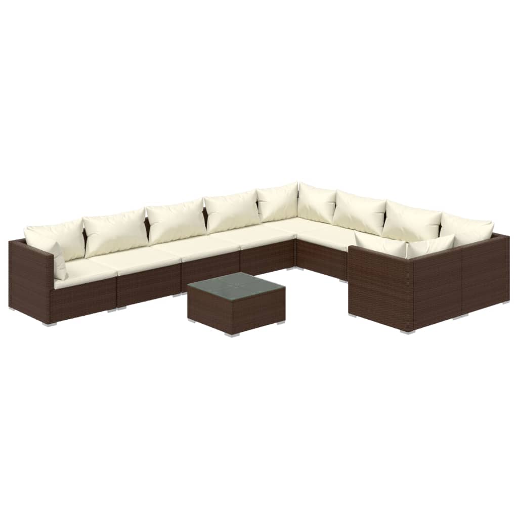 Set Divani da Giardino 10 pz con Cuscini in Polyrattan Marrone 3102770