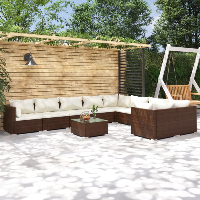 Set Divani da Giardino 10 pz con Cuscini in Polyrattan Marrone 3102770