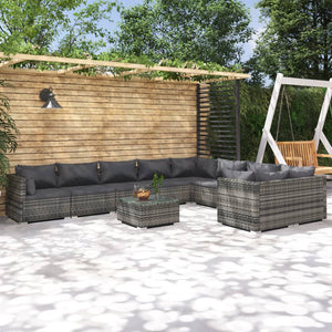 Set Divani da Giardino 10 pz con Cuscini in Polyrattan Grigio cod mxl 43808