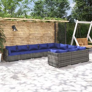 Set Divani da Giardino 10 pz con Cuscini in Polyrattan Grigio 3102782
