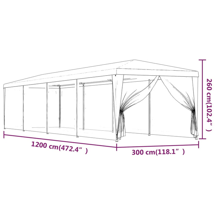 Tenda per Feste con 10 Pareti Laterali in Rete Rossa 3x12m HDPE