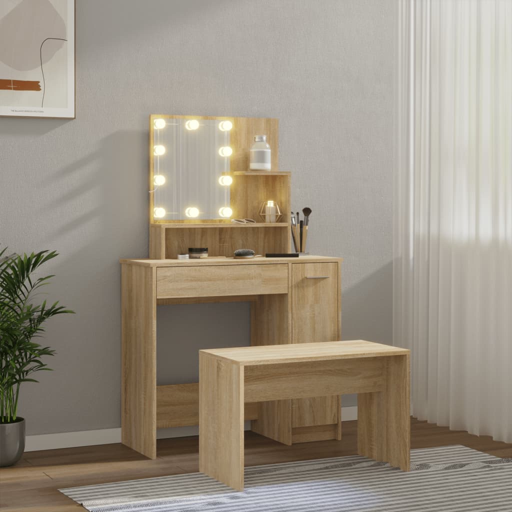 Set Tavolo da Toeletta con LED Rovere Sonoma Legno Multistrato 3114117