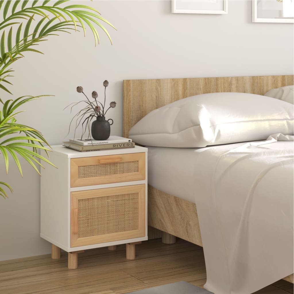 Comodini 2 pz-Set di 2 Tavolino da notte Bianchi Legno Massello di Pino e Rattan Naturale