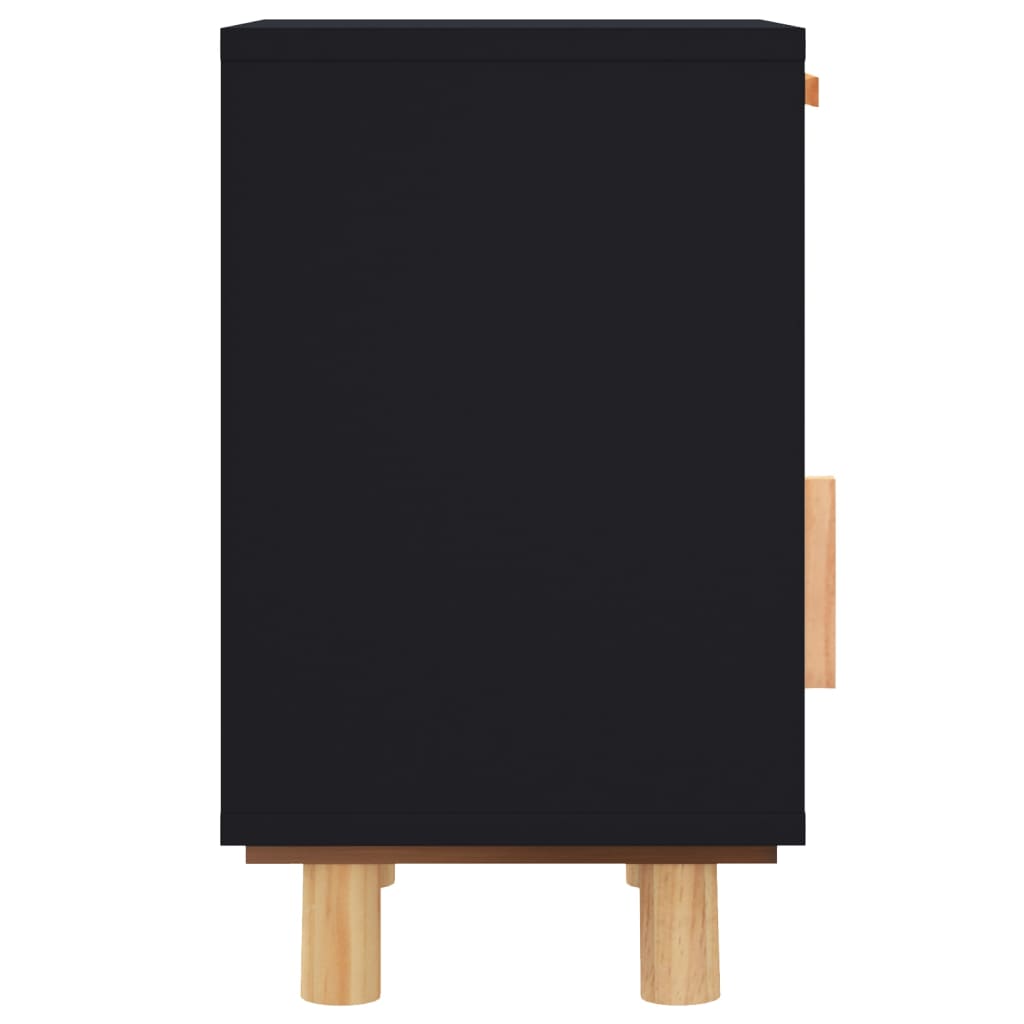 Comodino Nero in Legno Massello di Pino e Rattan Naturale 345608