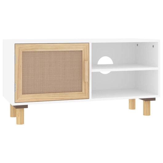 Mobile TV-Credenza TV-Console TV Bianco 80x30x40 cm Massello Pino e Rattan Naturale