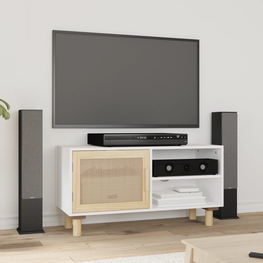 Mobile TV-Credenza TV-Console TV Bianco 80x30x40 cm Massello Pino e Rattan Naturale