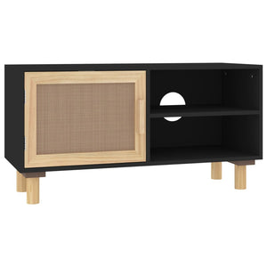Mobile TV Nero 80x30x40 cm Massello Pino e Rattan Naturale 345613