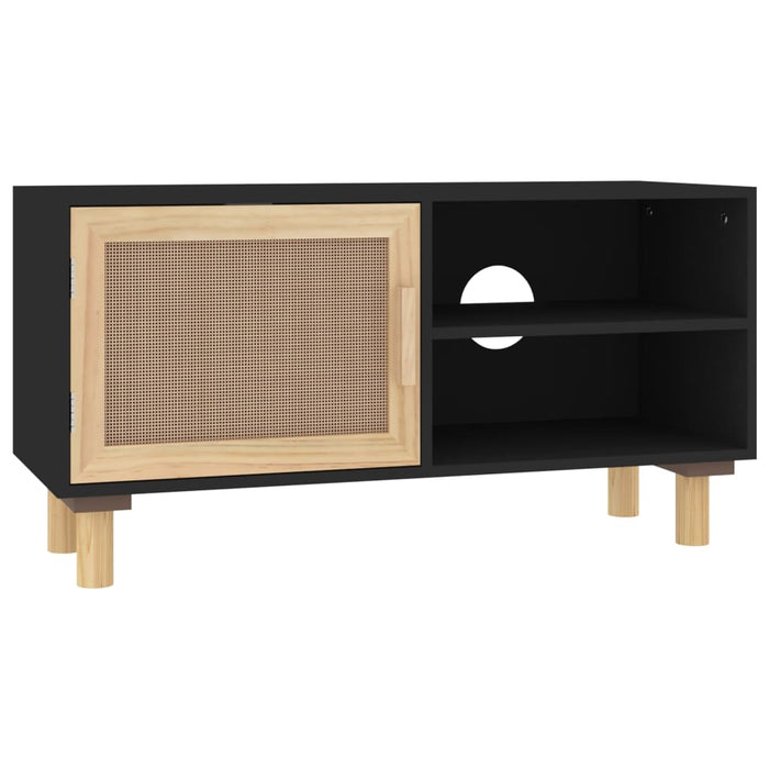 Mobile TV Nero 80x30x40 cm Massello Pino e Rattan Naturale 345613