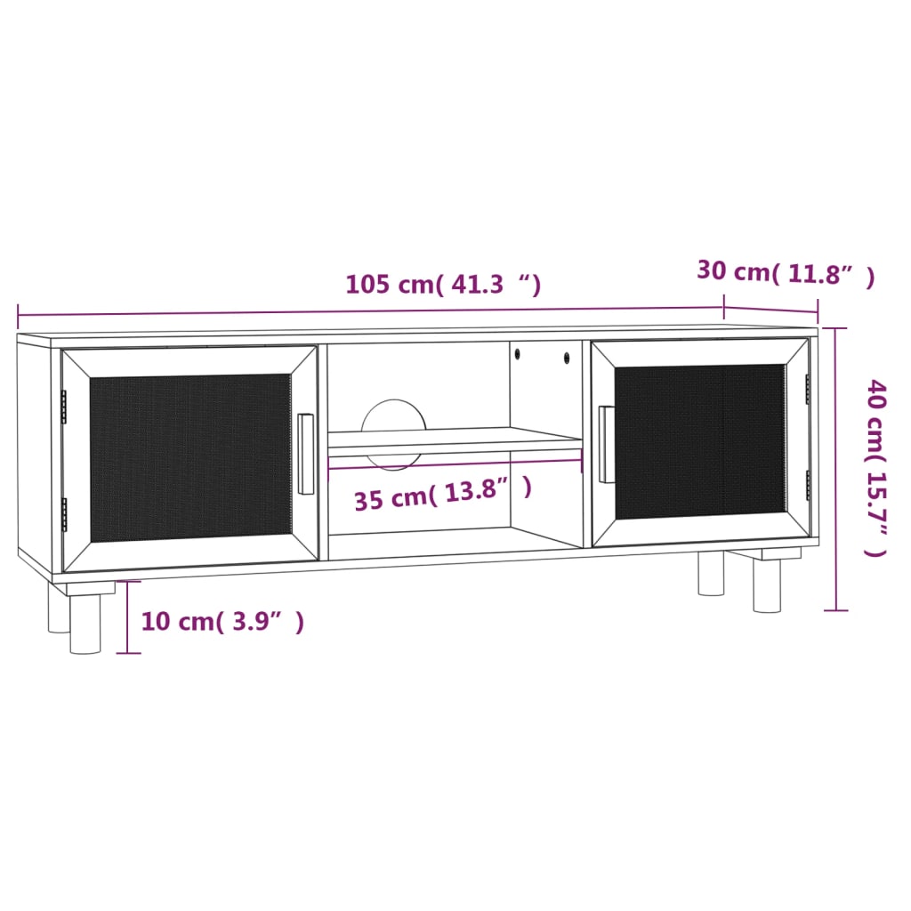 Mobile TV-Credenza TV-Console TV Bianco 105x30x40 cm Massello Pino e Rattan Naturale