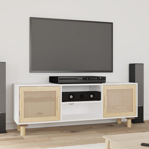 Mobile TV-Credenza TV-Console TV Bianco 105x30x40 cm Massello Pino e Rattan Naturale