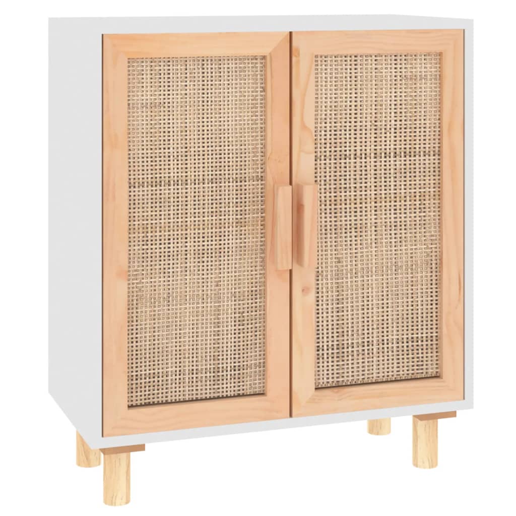 Credenza Bianca 60x30x70 cm Legno Massello Pino Rattan Naturale 345630